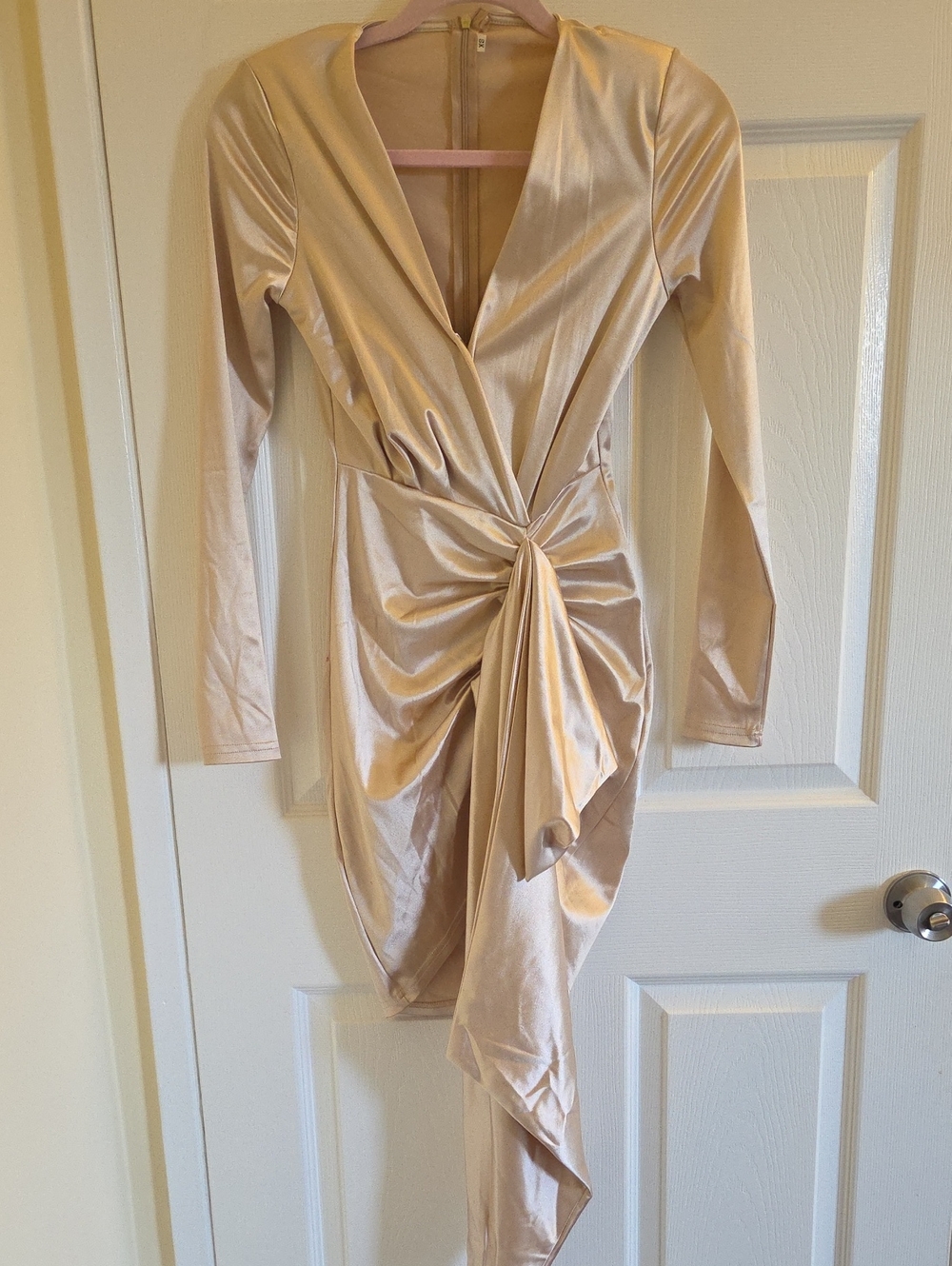Long Sleeve Draped Knot Front Stretch Satin Dress in Champagne
